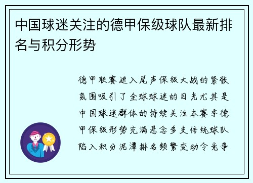 中国球迷关注的德甲保级球队最新排名与积分形势